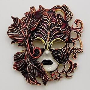 Masquerade Brooch Elegant Enameled Mask Design Deep Red and Gold Colors